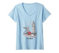 Women's London England Rainy Day Big Bridge Red Bus Sketch V-Neck T-Shirt