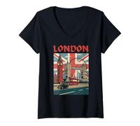 Women's London Icons Big Clock Bridge Ben Tower Red Bus Souvenir V-Neck T-Shirt
