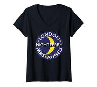 Women's London Paris Brussels Night Ferry Rail Train Route Emblem V-Neck T-Shirt