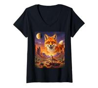 Women's Lone Fox Howling to The Moon Mystic Desert Wild Foxes V-Neck T-Shirt