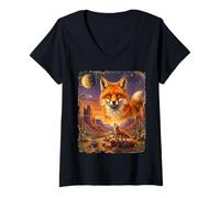 Women's Lone Fox Howling to The Moon Mystic Desert Wild Foxes V-Neck T-Shirt