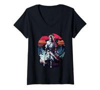 Women's Lone Samurai Warrior Under Crimson Sun Anime Vintage Legend V-Neck T-Shirt