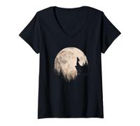 Women's Lone Silhouette Woman Under Full Moon Art Apparel V-Neck T-Shirt