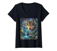 Women's Lone Wolf Howling to The Moon Mystic Forest Mush Cottagecore V-Neck T-Shirt