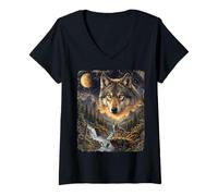 Women's Lone Wolf Howling to The Moon Mystical Mountain Wild Wolves V-Neck T-Shirt