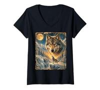 Women's Lone Wolf Howling to The Moon Mystical Mountain Wild Wolves V-Neck T-Shirt