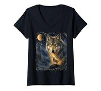 Women's Lone Wolf Howling to The Moon Mystical Mountain Wild Wolves V-Neck T-Shirt