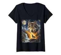 Women's Lone Wolf Howling to The Moon Mystical Mountain Wild Wolves V-Neck T-Shirt