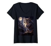 Women's Lone Wolf Howling to The Moon Mystical Mountain Wild Wolves V-Neck T-Shirt