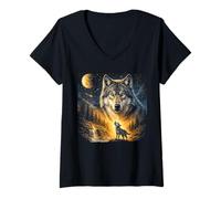 Women's Lone Wolf Howling to The Moon Mystical Mountain Wild Wolves V-Neck T-Shirt