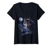 Women's Lone Wolf Howling to The Moon Mystical Mountain Wild Wolves V-Neck T-Shirt
