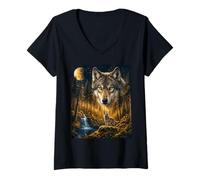 Women's Lone Wolf Howling to The Moon Mystical Mountain Wild Wolves V-Neck T-Shirt