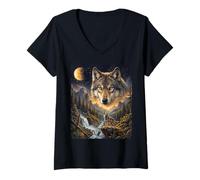Women's Lone Wolf Howling to The Moon Mystical Mountain Wild Wolves V-Neck T-Shirt