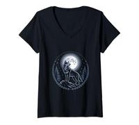 Womens Lone Wolf Under Full Moon Forest Night Scene V-Neck T-Shirt