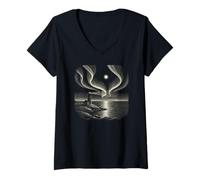 Women's Lonely Lighthouse Aurora Moon Night Illustration V-Neck T-Shirt
