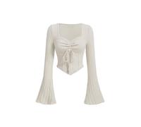 Womens Long Bell Sleeve Blouses Casual Square Neck Crop Top Solid Color Elastic Hem Ruched Striped T-Shirt, Apricot, M