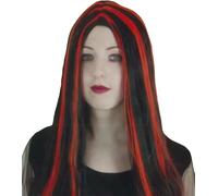 Women's Long Black and Red Wig Red Devil Wigs with Horns for Women, Ladies Gothic Witch Hair Piece
