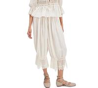 Women's Long Bloomer Pants - Lace Trim Victorian Pantaloons Y2K Elastic Waist Maid Ruffle Pumpkin Trousers Comfortable Lounge Mid Rise Capri for Home Daily Relaxation (Creamy White,L)