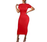 Women's Long Bodycon Dress - Summer Casual Short Sleeve Midi Club Party Fitted Tight Dresses, Red, M