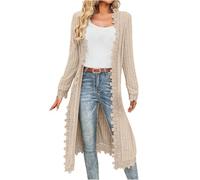 Women's Long Cardigan Open Front Long Sleeve Cardigans Lace Trim Knit Sweater Jumper Cardigan V Neck Ribbed Knit Lightweight Outerwear Plus Size Ladies Coat Autumn Winter Jackets Streetwear Beige