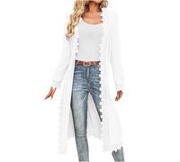 Women's Long Cardigan Open Front Long Sleeve Cardigans Lace Trim Knit Sweater Jumper Cardigan V Neck Ribbed Knit Lightweight Outerwear Plus Size Ladies Coat Autumn Winter Jackets Streetwear White