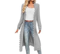 Women's Long Cardigan Open Front Long Sleeve Cardigans Lace Trim Knit Sweater Jumper Cardigan V Neck Ribbed Knit Lightweight Outerwear Plus Size Ladies Coat Autumn Winter Jackets Streetwear Gray