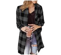Womens Long Checked Shirts Button Down Plaid Shacket Casual Loose Fit Longline Blouses Ladies Spring Lightweight Shirt Jackets Classic Elegant Blouse Tops