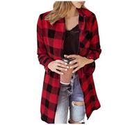 Womens Long Checked Shirts Oversized Long Sleeve Flannel Shacket Buffalo Plaid Shirt Collar Button Down Blouses Tops Ladies Spring Autumn Cardigans Office Work Longline Tops Red