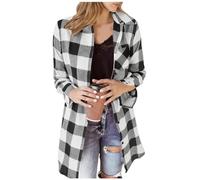 Womens Long Checked Shirts Oversized Long Sleeve Flannel Shacket Buffalo Plaid Shirt Collar Button Down Blouses Tops Ladies Spring Autumn Cardigans Office Work Longline Tops Gray