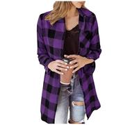 Womens Long Checked Shirts Oversized Long Sleeve Flannel Shacket Buffalo Plaid Shirt Collar Button Down Blouses Tops Ladies Spring Autumn Cardigans Office Work Longline Tops Purple