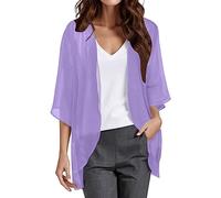Women's Long Chiffon Bolero Summer Lightweight 3/4 Sleeve Cardigan Cardigan Open Front Beach Kimono Chiffon Plain Sun Protection Cardigan Floral Beachwear Bikini Cover Up Shawl Blouse, purple, XXL