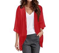 Women's Long Chiffon Bolero Summer Lightweight 3/4 Sleeve Cardigan Cardigan Open Front Beach Kimono Chiffon Plain Sun Protection Cardigan Floral Beachwear Bikini Cover Up Shawl Blouse, red, XL