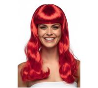 Womens Long Curly Bright Red Chique Wig Fringe Devil Fancy Dress Queen of Hearts