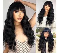 Women's long curly hair, big waves,together bangs, black Long Curly Wavy Wig,Heat-resistant fiber wig Suitable for ladies' gatherings and parties Wear