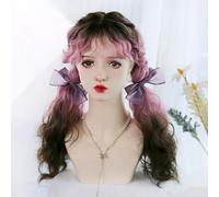 Women's Long Curly Wavy Wig Gradient Raspberry Pink Brown Lolita Daily Wigs Hair with Bangs for Halloween Costume Party (Curly)
