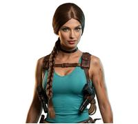 Womens Long Dark Brown Plaited Lara Croft Style Wig Video Game Fancy Dress