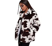 Women's Long Faux Fur Coat Cow Print Casual Loose Warm Jacket Coat Top