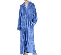 Women's Long Fleece Dressing Gown Soft Flannel Hooded Bathrobe, Zip Up Luxury Full Length Loungewear, Warm Sleepwear Nightwear (Blue, XL)