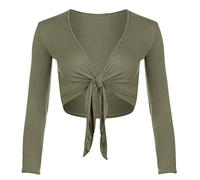 Womens Long Full Sleeves Ladies Stretch Bolero Cropped Cardigan Front Tie Knot Shrug Top Crop Bolero Shrug Size UK 8-26 (Khaki UK 12-14)