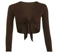 Womens Long Full Sleeves Ladies Stretch Bolero Cropped Cardigan Front Tie Knot Shrug Top Crop Bolero Shrug Size UK 8-26 (Brown UK 8-10)