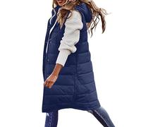 Womens Long Gilet Sleeveless Long Down Thermal Womens Puffer Vest Winter Warm Zip Up Button Sleeveless Jacket Plus Size Hooded Zipper Waistcoat Women Solid Padded Sweater Ladies Side Split Coat