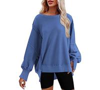 Womens Long Jumpers Blanket Hoodie Jumpers Thank You Teacher Gifts Climbing Womens Oversized Crewneck Solid Color Sweatshirt Side Slit Long Sleeve Pullover Slouchy Fit Tops Sale Clearance