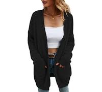 Women's Long Knit Cardigan Front Open Solid Color Knitted Tops With Pockets Long Sleeve Twisted Crochet Mohair Sweater, Black, L