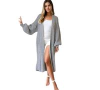 Women's Long Knit Cardigan with Balloon Sleeves, Oversized Open Front Duster, Beige Ribbed Sweater for Casual Wear (UK, Numeric, 10, 22, Regular, Regular, Silver)