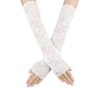 Women's Long Lace Fingerless Gloves - Elbow Length Floral Arm Sleeves for Tea Party (White)