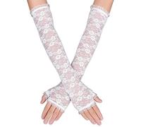 Women's Long Lace Fingerless Gloves Elbow Length Floral Gloves for Wedding, Opera, Tea Party (White)