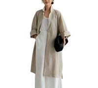 Womens Long Linen Blazer Jackets Slouch Open Front Coatigan Elegant Cotton Linen Shirt Dress with Side Slit Ladies Longline Cardigan Lightweight Duster Trench Coat Apricot M