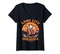Womens Long Live Cowghouls Halloween Cowboy Ghost Riding Horse V-Neck T-Shirt