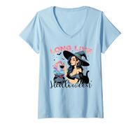 Women's Long Live Halloween Witch Potion Retro Cat V-Neck T-Shirt