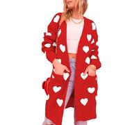 Womens Long Love Hearts Cardigan Knitwear Long Sleeve Open Front Chunky Knitted Loose Fit Lightweight Sweater Jumper Outerwear with Pockets (Red, L)
